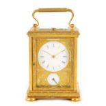 AN UNUSUAL EARLY TO MID 19TH CENTURY FRENCH ENGRAVED GILT BRASS CARRIAGE CLOCK REPEATER WITH ALARM