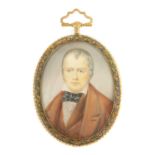 A 19TH CENTURY MOUNTED PORTRAIT ON IVORY OF THE FAMOUS SCOTTISH NOVALIST SIR WALTER SCOTT