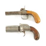 A 19TH CENTURY PEPPERBOX PISTOL TOGETHER WITH A BELGIAN DOUBLE-BARRELLED PERCUSSION PISTOL