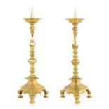 A PAIR OF 18TH CENTURY DUTCH BRASS PRICKET CANDLESTICKS