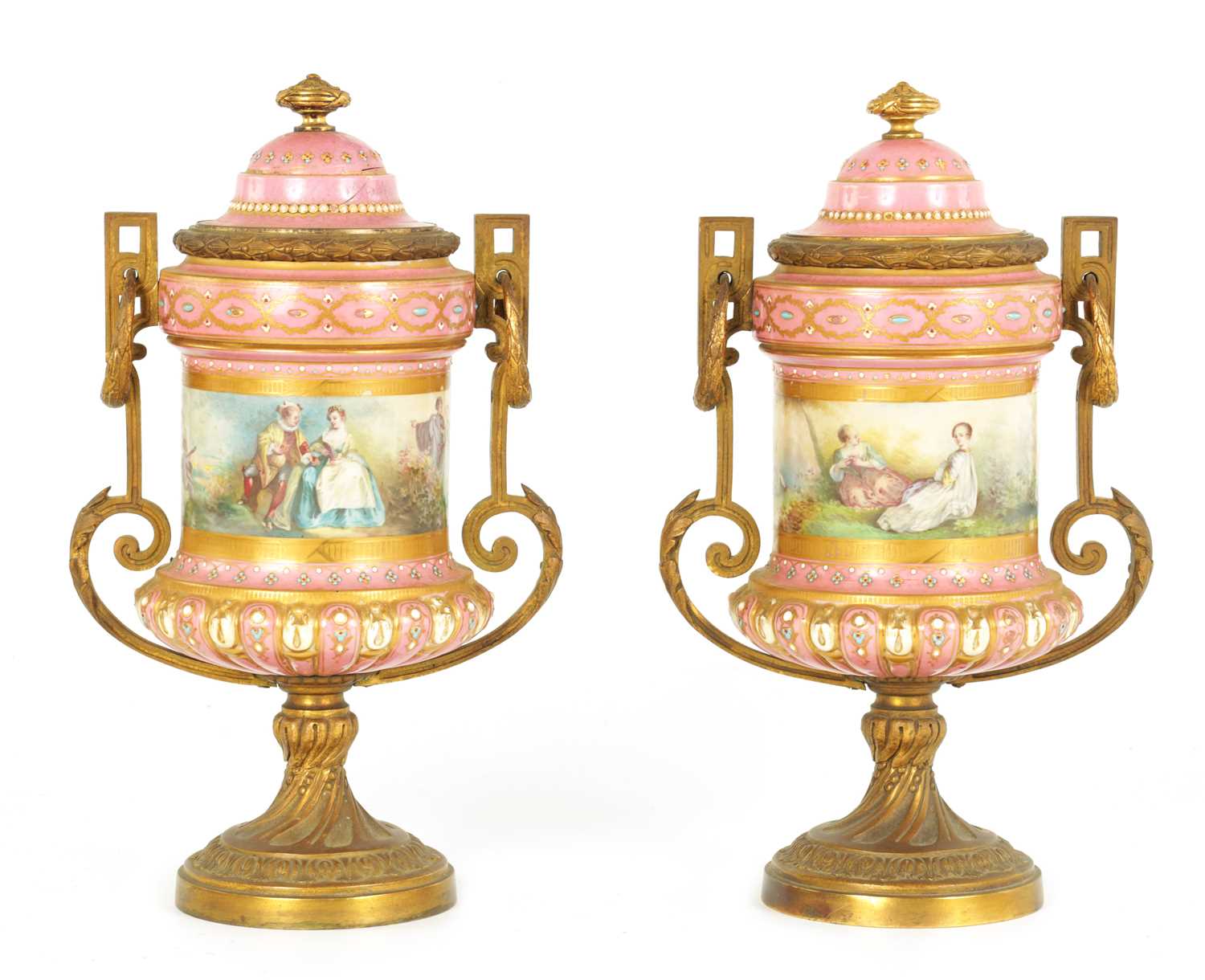 A PAIR OF 19TH CENTURY SEVRES PORCELAIN AND ORMOLU MOUNTED LIDED VASES