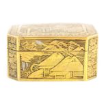 A LATE 19TH CENTURY JAPANESE MEIJI PERIOD CLIPPED RECTANGULAR GOLD AND SILVER METAL INLAID IRON BOX