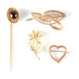 A 14CT GOLD AND CABOCHON RED GEM PIN BROOCH together with THREE 9CT GOLD BROOCHES