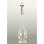 A STYLISH EDWARDIAN STOURBRIDGE CUT GLASS TALL SILVER MOUNTED LIQUER DECANTER AND STOPPER
