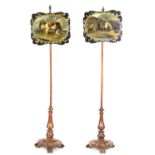 A PAIR OF 19TH CENTURY ROSEWOOD POLE SCREENS WITH LACQUERED PAPIER MACHE POLE SCREENS AFTER EDWIN LA