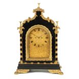 FRENCH, ROYAL EXCHANGE, LONDON. A STYLISH MID 19TH CENTURY EBONISED ORMOLU MOUNTED BRACKET CLOCK