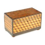 A 19TH CENTURY CUBE PARQUETRY TEA CADDY