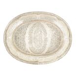 AN 18TH/19TH CENTURY MIDDLE EASTERN SILVER METAL FILIGREE WORK OVAL SHALLOW DISH