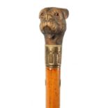 A 19TH CENTURY MALACCA WALKING STICK WITH AUTOMATED DOG HEAD HANDLE