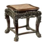 A 19TH CENTURY CHINESE HARDWOOD AND MARBLE SHAPED JARDINIERE STAND