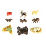 A SELECTION OF JADE MINIATURE ANIMALS, INSECTS AND HARDWOOD STANDS