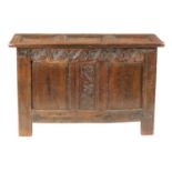 A 17TH CENTURY JOINED OAK TRIPLE PANEL TOP COFFER OF SMALL SIZE