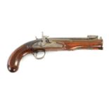 G GOODWIN & CO, LONDON. AN EARLY 19TH CENTURY BRASS BARRELLED COACHING PISTOL WITH OVER FLICK BAYONE