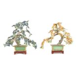 A PAIR OF EARLY 20TH CENTURY CHINESE HARD STONE LAPIS LAZULI AND JADE MODELS OF TREES