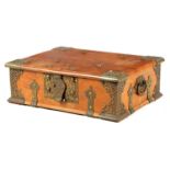 AN EARLY 18TH CENTURY INDIAN HARDWOOD BRASS MOUNTED STONG BOX