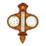 A GOOD LATE 19TH CENTURY SHERATON STYLE INLAID MAHOGANY COMBINED CLOCK/BAROMETER/THERMOMETER HANGING