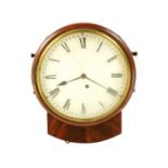 A 19TH CENTURY 9” DROP DIAL FIGURED MAHOGANY WALL CLOCK