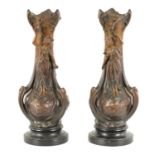 A PAIR OF EARLY 20TH CENTURY ART NOUVEAU STYLE PATINATED BRONZE METAL VASES