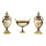 A GOOD 20TH CENTURY PARIS PORCELAIN AND ORMOLU MOUNTED THREE PIECE GARNITURETURE SET