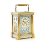 A LATE 19TH CENTURY FRENCH PORCELAIN PANELLED BRASS AND SILVERED REPEATING CARRIAGE CLOCK