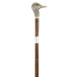 A SILVER DUCK'S HEAD MOUNTED WALKING STICK BY BRIGG