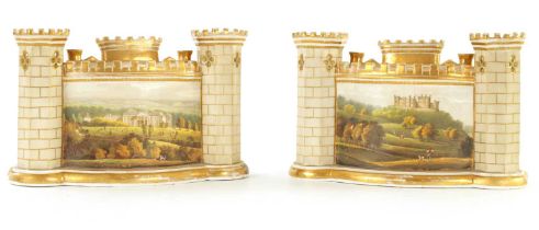 A PAIR OF EARLY/MID 19TH CENTURY CHAMBERLAIN'S TYPE HARD PORCELAIN SPILL VASES
