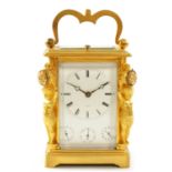 BARBOTTE A PARIS. A 19TH CENTURY GILT BRASS REPEATING CARRIAGE CLOCK WITH CALENDAR AND DUAL TIME ZON