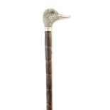 A SILVER DUCK'S HEAD HANDLED WALKING STICK