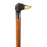 A 19TH CENTURY MALACCA WALKING STICK WITH SILVER WIRED MUZZLED DOG'S HEAD HANDLE