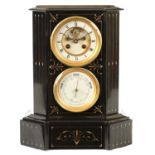 A 19TH CENTURY BLACK SLATE MANTEL CLOCK/BAROMETER COMPENDIUM