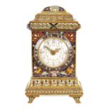 A LATE 19TH CENTURY FRENCH BRASS AND COLOURED CHAMPLEVE ENAMEL SMALL MANTEL CLOCK