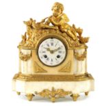 A MID 19TH CENTURY FRENCH ORMOLU AND WHITE MARBLE FIGURAL MANTEL CLOCK
