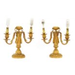 A PAIR OF GILT BRASS ADAM STYLE DOUBLE BRANCH CANDELABRA