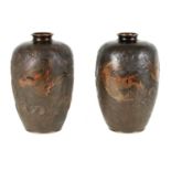 A PAIR OF JAPANESE MEIJI PERIOD BRONZE AND ENAMEL DRAGON VASES