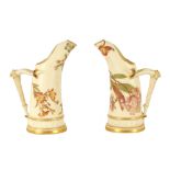 A PAIR OF ROYAL WORCESTER BLUSH IVORY TUSK JUGS