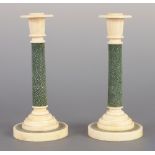 A PAIR OF EARLY 20TH CENTURY IVORY AND SHAGREEN CANDLESTICKS