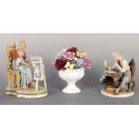 TWO GERMAN PORCELAIN FIGURINES AND A ROYAL DOULTON FLOWER BASKET
