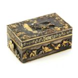 A LATE 19TH CENTURY JAPANESE MEIJI PERIOD SMALL RECTANGULAR BRONZE AND MULTI-COLOURED MIXED METAL SN