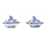 A PAIR OF 19TH CENTURY BLUE AND WHITE WILLOW PATTERN SPODE TYPE TUREENS AND COVERS