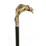 AN ART NOUVEAU SILVERED BRONZE WALKING AND EBONY CANE WALKING STICK DEPICTING LEDA AND THE SWAN