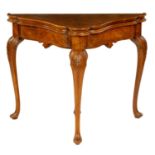 AN UNUSUAL 19TH CENTURY GEORGE I STYLE BURR WALNUT FOLD-OVER CARD TABLE OF SHAPED TRIANGULAR FORM