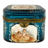 A 19TH CENTURY BOHEMIAN BLUE GLASS AND ENAMEL CASKET