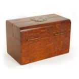 A 19TH CENTURY OAK HABERDASHERY BOX retailed by F. ALDIS 11 BELGRAVE MANSIONS numbered Rd. 52066/889