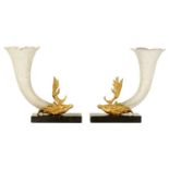 A PAIR OF 19TH CENTURY GILT BRONZE STAGS-HEAD AND CORNUCOPIA CUT GLASS VASES