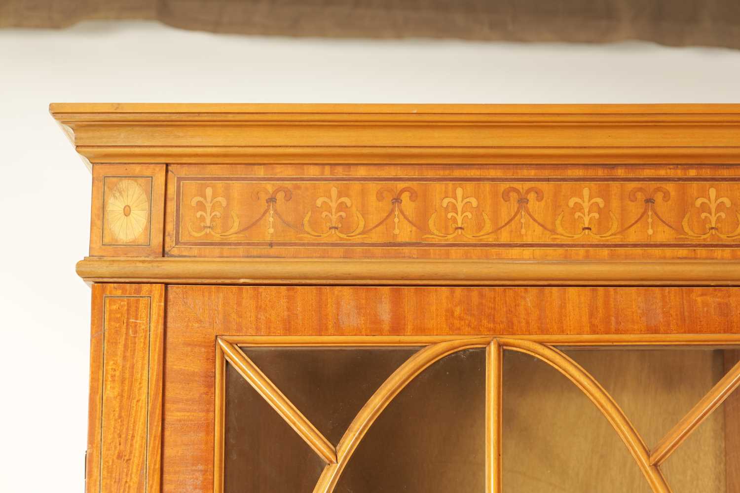 MAPLE & CO. A PAIR OF EDWARDIAN FIGURED SATINWOOD AND MARQUETRY INLAID GLAZED BOOKCASES - Image 2 of 10