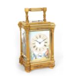 A LATE 19TH CENTURY FRENCH PORCELAIN PANELLED REPEATING CARRIAGE CLOCK WITH ALARM