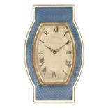 AN UNUSUAL ART DECO SILVER GILT AND BLUE WHITE EDGED GUILLOCHE ENAMEL COMBINED DESK CLOCK/STAMP BOX