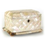 A 19TH CENTURY BOW FRONT MOTHER-OF PEARL CHEQUERED PARQUETRY TEA CADDY