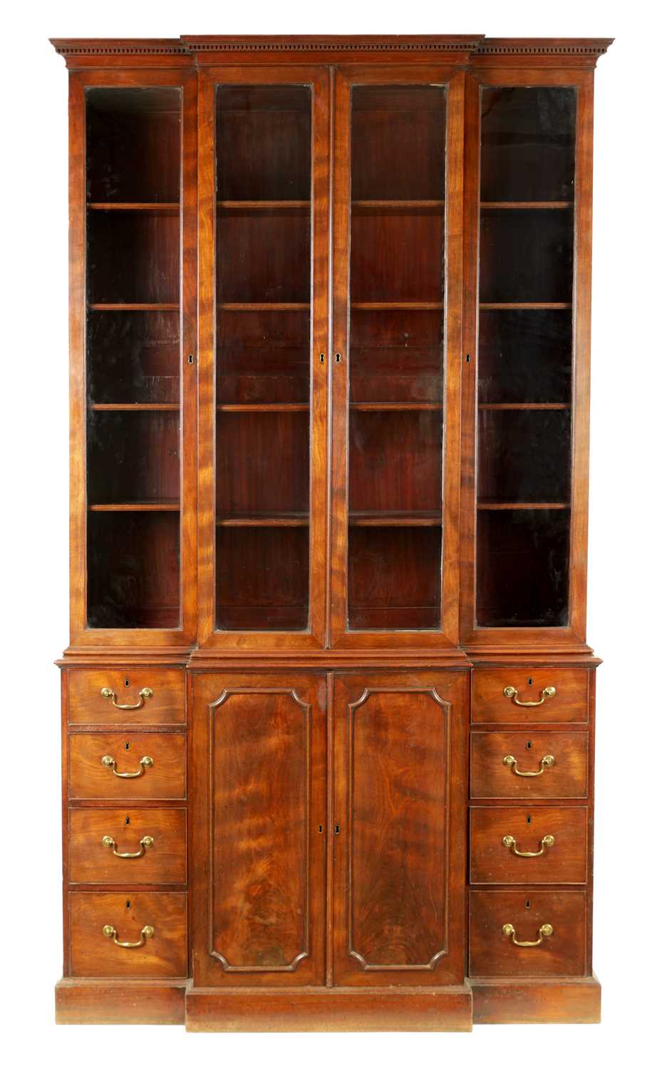 A FINE GEORGE III FIGURED MAHOGANY BREAK-FRONT BOOKCASE OF SMALL SIZE AND PROPORTIONS