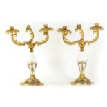 A PAIR OF 19TH CENTURY TWO BRANCH ORMOLU AND OPAQUE GLASS CANDELABRA